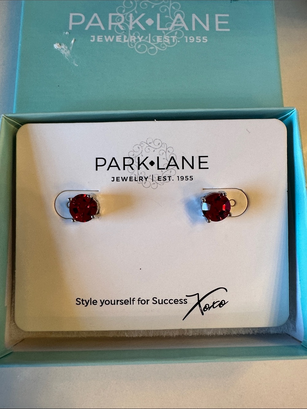 Park Lane Red Crystal Stud Earrings in Silver Tone